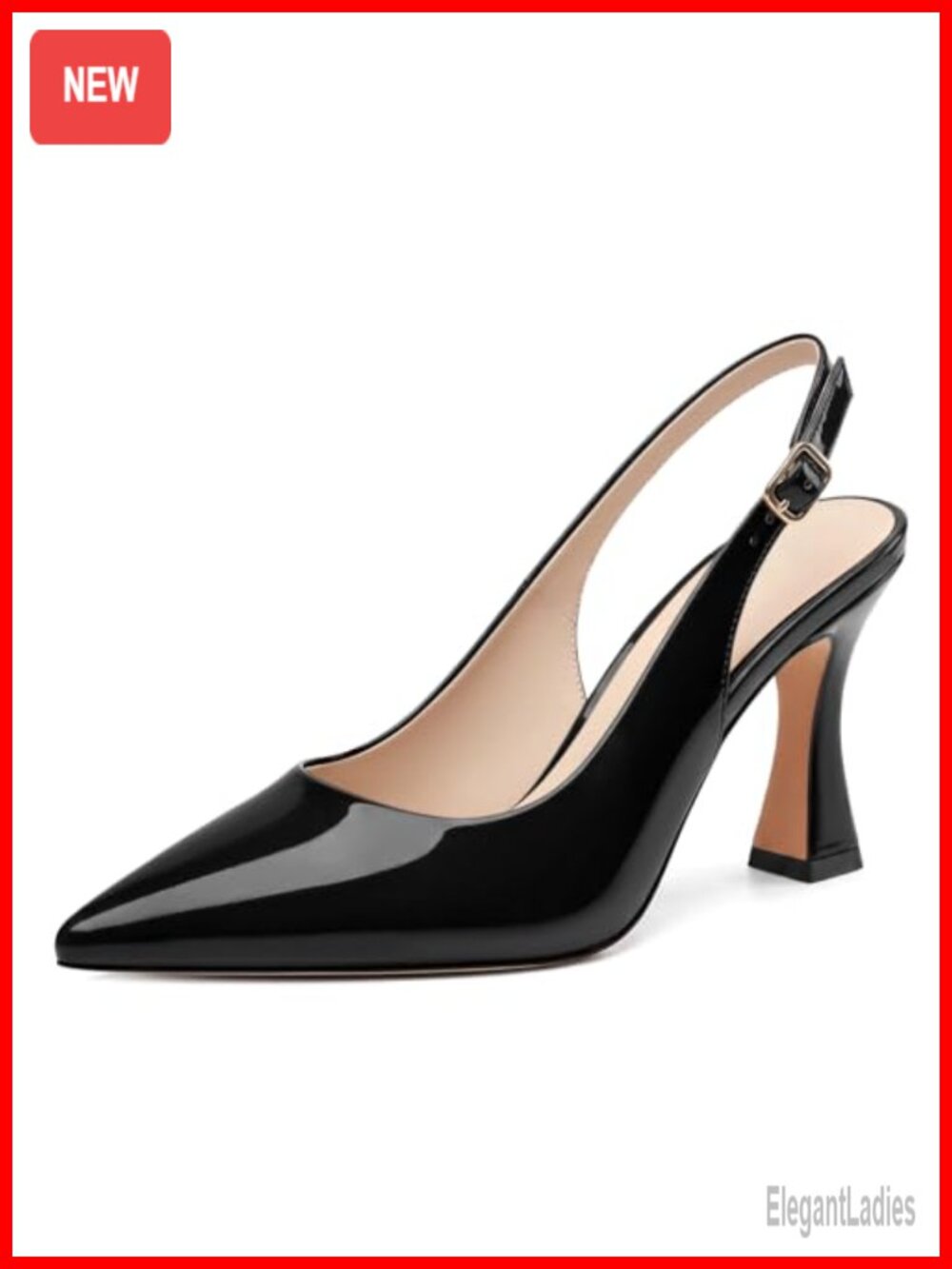 Pointed Toe Slingback Stiletto Heels Patent Leather Adjustable Strap 3.5 Inch